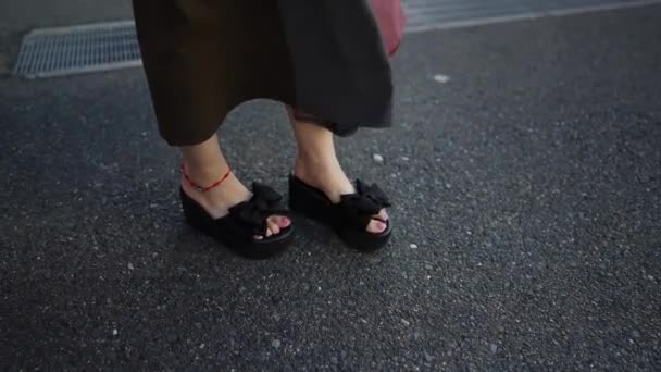 Молодая Японская Женщина Вдоль Дороги Возле Торгового Района Осу Город — стоковое видео