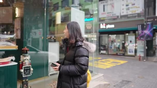 Ένας Νοτιοκορεάτης Στα Του Μακριά Μαλλιά Στα Αξιοθέατα Της Χειμερινής — Αρχείο Βίντεο