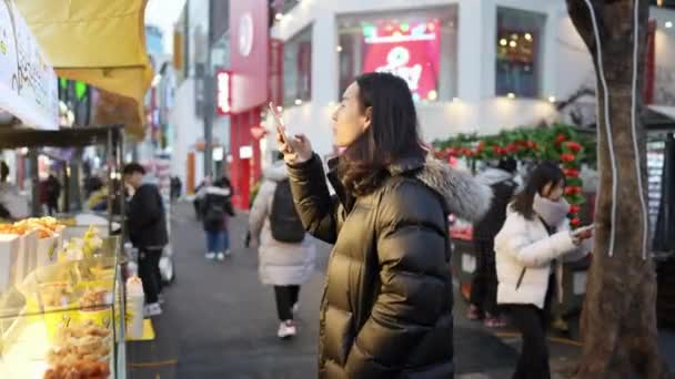 South Korean Man His 30S Long Hair Sightseeing Night Winter — Stock Video
