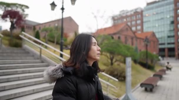 Long Haired Korean Man His 30S Taking Walk Church Myeong — Stock Video