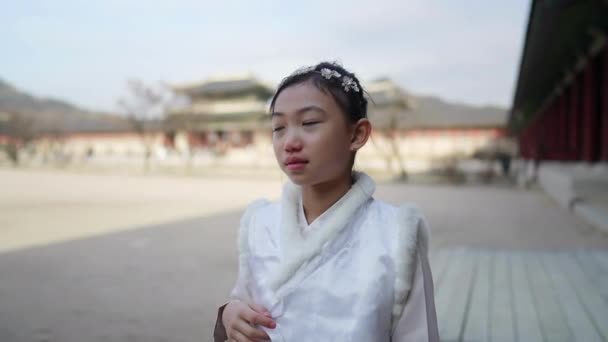 Slow Motion Video Korean Girl Wearing Chimachogori Gyeongbokgung Palace Seoul — Stock Video