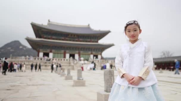 Vídeo Cámara Lenta Una Chica Coreana Vestida Con Chimachogori Palacio — Vídeos de Stock