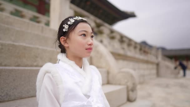 Vidéo Ralenti Une Coréenne Portant Chimachogori Palais Gyeongbokgung Séoul Corée — Video