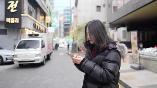 Zeitlupenvideo Eines Koreaners Die Der Kalten Winter Von Myeong Dong — Stockvideo