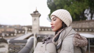 20 'li yaşlarda Filipinli bir kadın Güney Kore, Seul' deki Bukchon Hanok Köyü 'nde geleneksel kasaba manzarasına bakıyor.