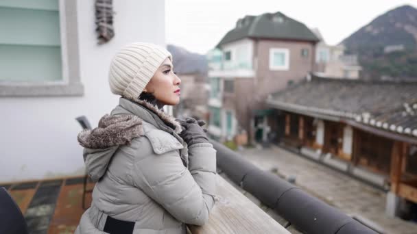 20代のフィリピン人女性が韓国ソウルのブクォン ハノック村の伝統的な街並みを眺めている — ストック動画