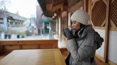 Kore Cumhuriyeti 'nin Seul kentindeki North Village Hanok Village' da çay içen 20 'li yaşlarda Filipinli bir kadının yavaş çekim videosu.