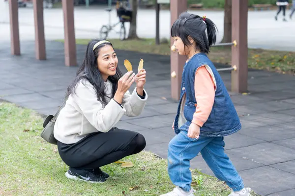 Tayvan 'ın Taipei şehrinde Datong Bölgesi' nde büyük bir parkta oynayan çocuklar ve aileler.