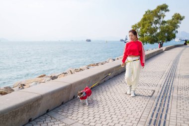 20 'li yaşlarda Asyalı bir kadın, Hong Kong, Kowloon' da deniz kenarında bir parkta köpeğiyle oynuyor.