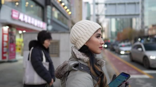 寒い冬の日に韓国ソウルを歩く20代の若いフィリピン人女性のスローモーションビデオ — ストック動画