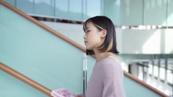 Year Old Taiwanese Female College Student Spending Time Beautiful Library — Stock Video