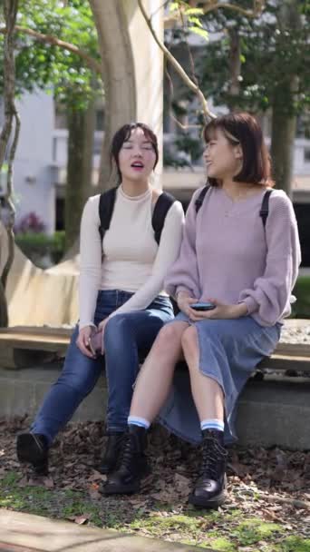 Slow Motion Verticale Video Van Twee Jonge Taiwanese Vrouwelijke Studenten — Stockvideo