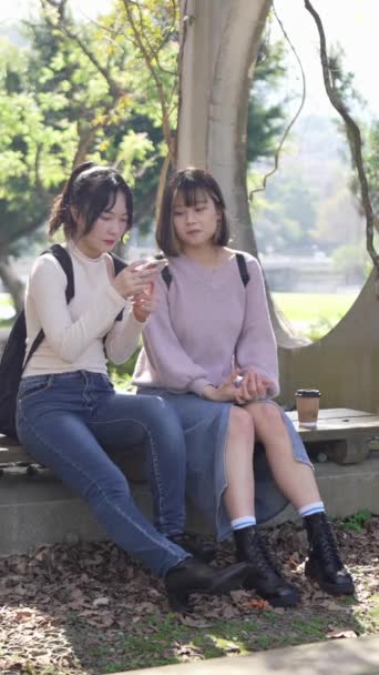 Вертикальне Відео Двох Молодих Студентів Тайванського Жіночого Коледжу Які Сидять — стокове відео