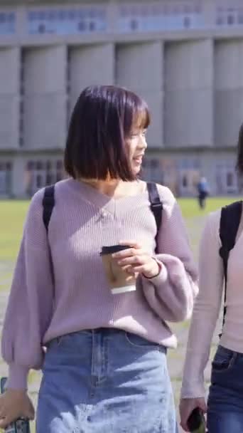 Вертикальное Видео Двух Молодых Тайваньских Студенток Счастливо Ходящих Время Разговора — стоковое видео