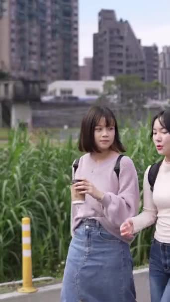 Vídeo Vertical Duas Jovens Estudantes Universitárias Taiwanesas Caminhando Alegremente Enquanto — Vídeo de Stock