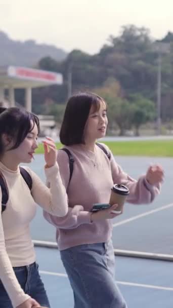 Video Vertikal Dari Dua Siswa Perempuan Taiwan Duduk Bahagia Berbicara — Stok Video