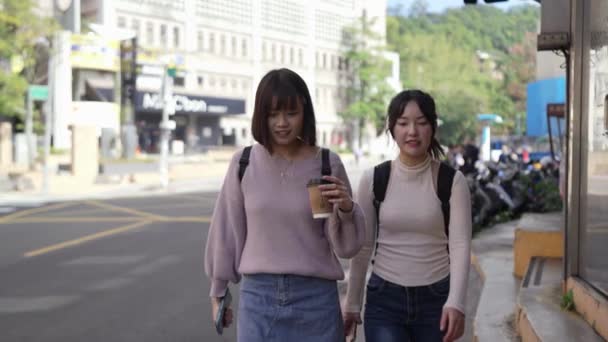 Video Gerakan Lambat Dari Dua Mahasiswa Perempuan Taiwan Berusia Berjalan — Stok Video