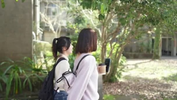 Lambat Gerak Video Dari Dua Taiwan Perempuan Mahasiswa Usia Berjalan — Stok Video