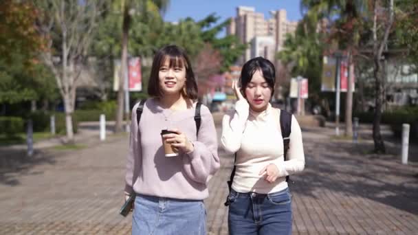 Lambat Gerak Video Dari Dua Taiwan Perempuan Mahasiswa Usia Berjalan — Stok Video