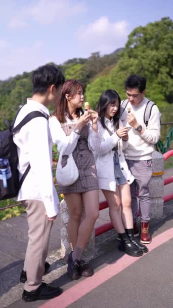 Cuatro Estudiantes Universitarios Taiwaneses Comen Helado Servicio Suave Naturaleza Maokong — Vídeo de stock
