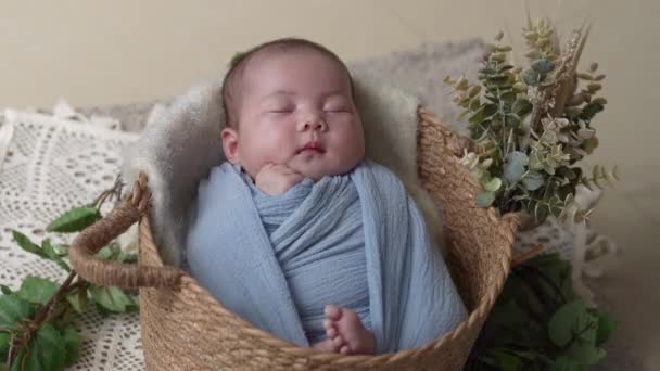 32歳の台湾人の赤ちゃんが青いラップに包まれ 新生児のフォトゴーリヒを撮りました — ストック動画