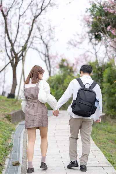 A young Taiwanese male and female couple in their 20s are taking a walk while talking happily in the mountains where the cherry blossoms of the Maokong are blooming, a tourist destination in Taiwan.