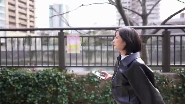 Eine Japanerin Ihren Zwanzigern Die Winter Die Uferstraße Rund Den — Stockvideo