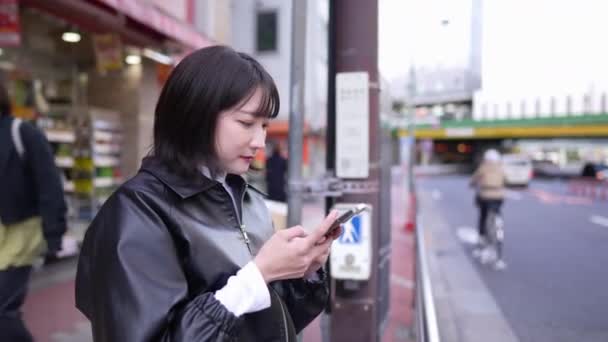 Eine Japanerin Ihren Zwanzigern Die Winter Auf Einer Straße Rund — Stockvideo