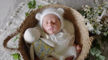 8 günlük Tayvanlı bir bebeğin mavi şort ve beyaz kostüm giydiği sahne yeni doğan bir bebeğin fotoğrafını çekiyor.