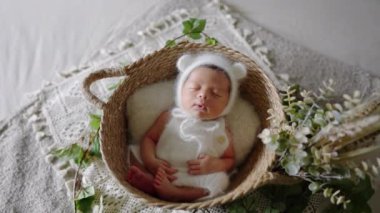 8 günlük Tayvanlı bir bebeğin yavaş çekim videosu. Mavi bir naylona sarılıp yeni doğan bir bebeğin fotoğrafını çekiyor.