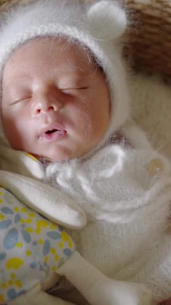 台湾一个八天大的婴儿用蓝色包裹着拍摄新生儿照片的垂直慢镜头 — 图库视频影像