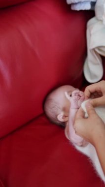 20 'li yaşlarda Tayvanlı bir annenin kırmızı bir kanepede 1 aylık bebeğini değiştirdiği dikey yavaş çekim videosu.