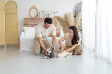 Selangor, Malezya 'da, uzun saçlı Çinli Malezyalı kadın ve Hint kökenli erkek çift Asya' dan esinlenilmiş mobilyalarla şık bir odada, siyah beyaz kediyle oynuyorlar..