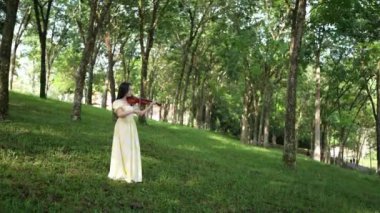 20 'li yaşlarda, sarı elbiseli Çinli bir kadın Malezya, Kuala Lumpur yakınlarındaki Bukit Jalil' deki büyük doğa dolu bir parkta keman çalıyor..