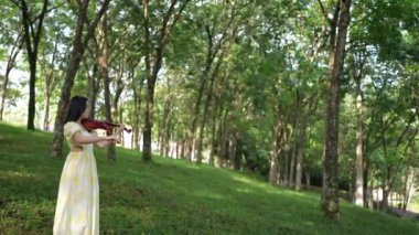 20 'li yaşlarda, sarı elbiseli Çinli bir kadın Malezya' nın Kuala Lumpur yakınlarındaki Bukit Jalil 'deki büyük doğa dolu bir parkın ormanına bakıyor. (Ağır çekim video)