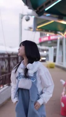 Tayvan 'ın Taipei şehrindeki Shilin Bölgesi' nde bir lunaparkta 20 'li yaşlarda genç bir Tayvanlı kadın akşam vakti yürüyor. Dikey video.