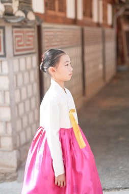 9 yaşında Hanbok giyen Koreli bir kız Gyedong-gil, Jongno, Seul, Kore 'nin tarihi caddelerinde yürüyor..