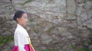 Kore 'de geleneksel elbiseli Koreli bir kız yürüyor. 