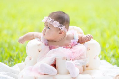 Tayvanlı bir çift 20 'li yaşlarda ve 7 aylık bebekleri Yilan County, Tayvan' daki geniş yeşil bir parkta yıldönümlerini kutluyorlar..