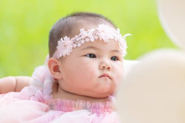 Tayvanlı bir çift 20 'li yaşlarda ve 7 aylık bebekleri Yilan County, Tayvan' daki geniş yeşil bir parkta yıldönümlerini kutluyorlar..