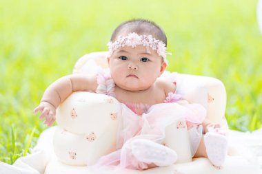 Tayvanlı bir çift 20 'li yaşlarda ve 7 aylık bebekleri Yilan County, Tayvan' daki geniş yeşil bir parkta yıldönümlerini kutluyorlar..