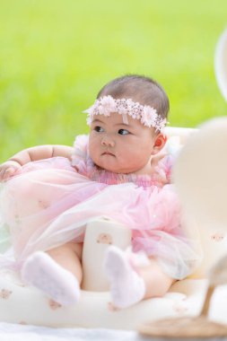 Tayvanlı bir çift 20 'li yaşlarda ve 7 aylık bebekleri Yilan County, Tayvan' daki geniş yeşil bir parkta yıldönümlerini kutluyorlar..