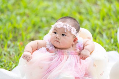 Tayvanlı bir çift 20 'li yaşlarda ve 7 aylık bebekleri Yilan County, Tayvan' daki geniş yeşil bir parkta yıldönümlerini kutluyorlar..