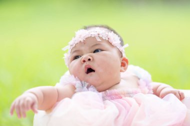 Tayvanlı bir çift 20 'li yaşlarda ve 7 aylık bebekleri Yilan County, Tayvan' daki geniş yeşil bir parkta yıldönümlerini kutluyorlar..