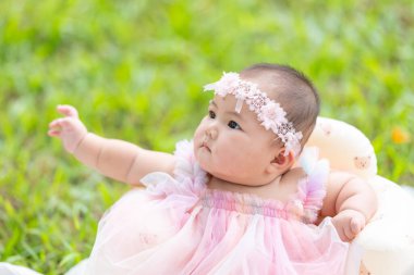 Tayvanlı bir çift 20 'li yaşlarda ve 7 aylık bebekleri Yilan County, Tayvan' daki geniş yeşil bir parkta yıldönümlerini kutluyorlar..