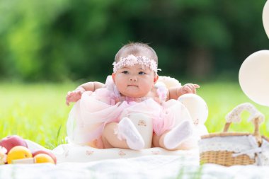 Tayvanlı bir çift 20 'li yaşlarda ve 7 aylık bebekleri Yilan County, Tayvan' daki geniş yeşil bir parkta yıldönümlerini kutluyorlar..