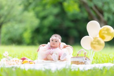 Tayvanlı bir çift 20 'li yaşlarda ve 7 aylık bebekleri Yilan County, Tayvan' daki geniş yeşil bir parkta yıldönümlerini kutluyorlar..