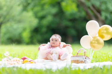 Tayvanlı bir çift 20 'li yaşlarda ve 7 aylık bebekleri Yilan County, Tayvan' daki geniş yeşil bir parkta yıldönümlerini kutluyorlar..