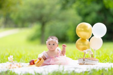 Tayvanlı bir çift 20 'li yaşlarda ve 7 aylık bebekleri Yilan County, Tayvan' daki geniş yeşil bir parkta yıldönümlerini kutluyorlar..