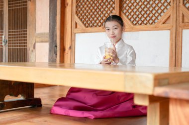 9 yaşındaki Koreli kız, Kore 'nin Seul bölgesindeki tarihi Gyedong-gil kasabasında geleneksel bir binada içki içiyor..